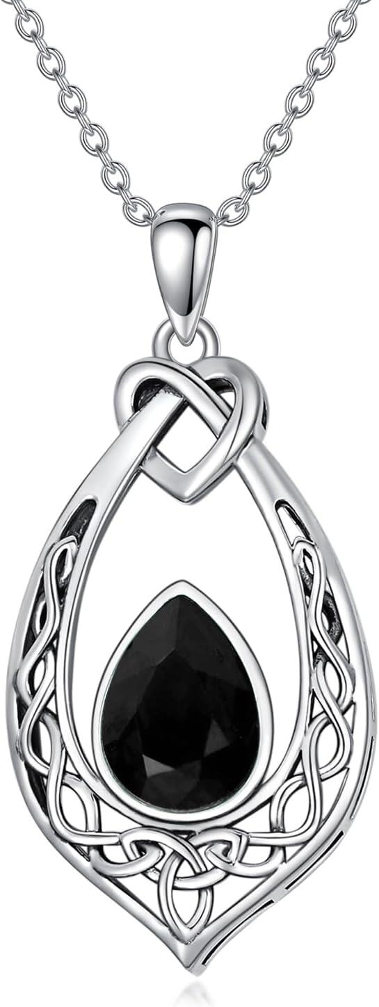 Sterling Silver Simulated Birthstone Celtic Knot Necklace Oxidized Vintage Love Knot Pendant Women s Jewelry Gift-Jet Black