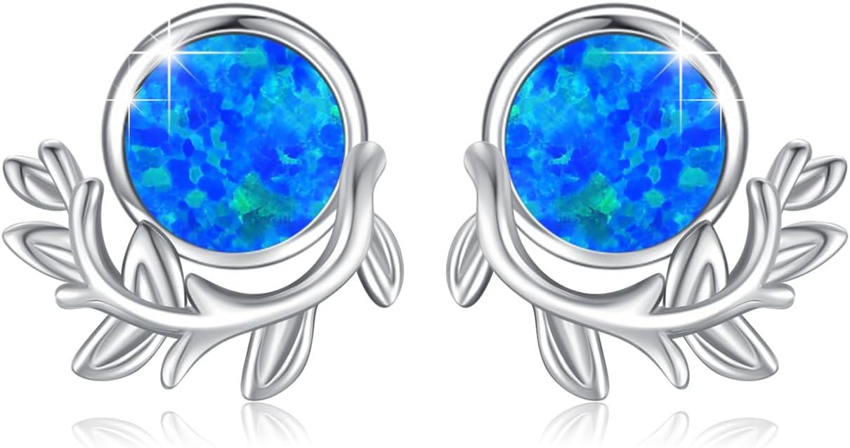 Sterling Silver Blue Opal Turquoise Moonstone Leaf Stud Earrings-C-Blue Opal