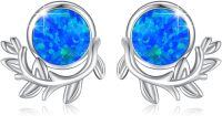 wholesale 925 Sterling Silver Blue Opal Antler Stud Earrings with Leaves Design-C-Blue Opal