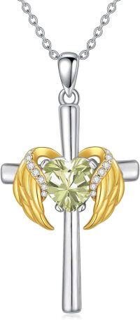 wholesale  Metal Cubic Zirconia Angel Wing Cross Necklace with Heart Birthstone 0 06cttw -08.Peridot-Aug