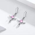 wholesale S925 Sterling Silver with Pink Crystal & Cubic Zirconia Angel Wings Cross Heart Leverback Earrings 19.5mm-0-2