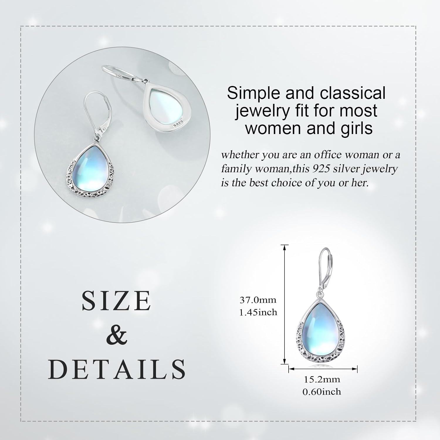 Sterling Silver Moonstone Dangle Drop Earrings Leverback Jewelry-0-5