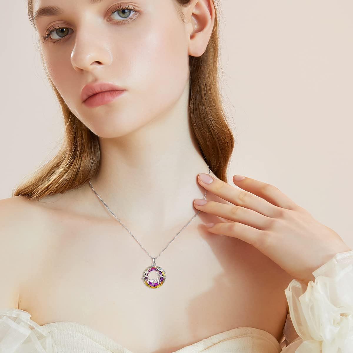 wholesale 925 Sterling Silver Rainbow Crystal Horse & Girl Pendant Necklace for Women-0-1