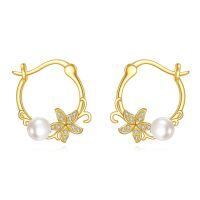 wholesale 14K Gold Pearl Daisy Flower Hoop Earrings for Women-pearl earrings