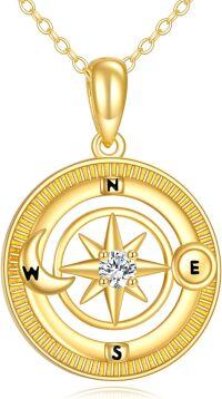 wholesale 14K Gold Compass Pendant Necklace with Diamond Accent and Moon Phase Design for Women (Length: 36)-Gold Compass Necklace