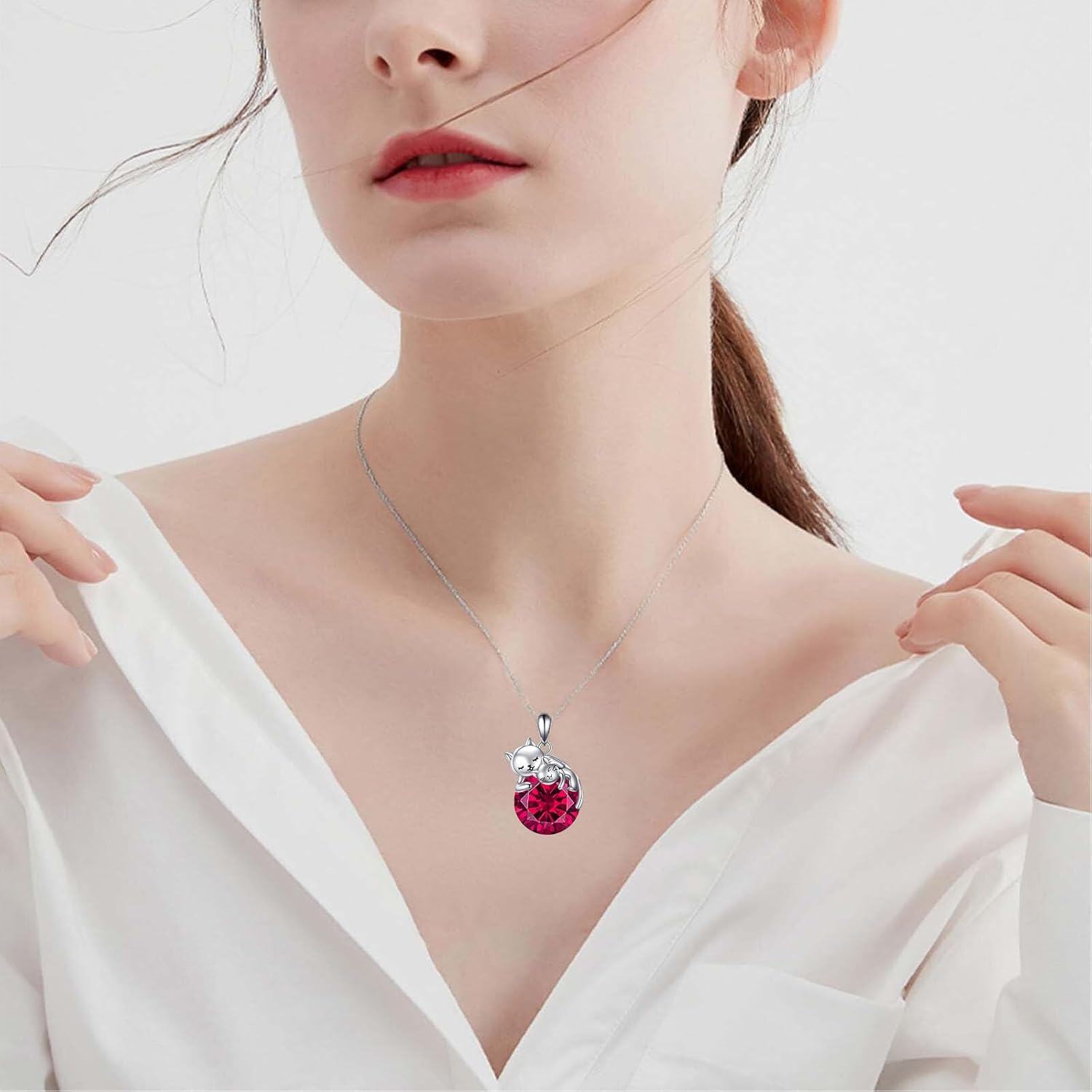 925 Sterling Silver Red Crystal Cats Pendant Necklace for Women-0-1