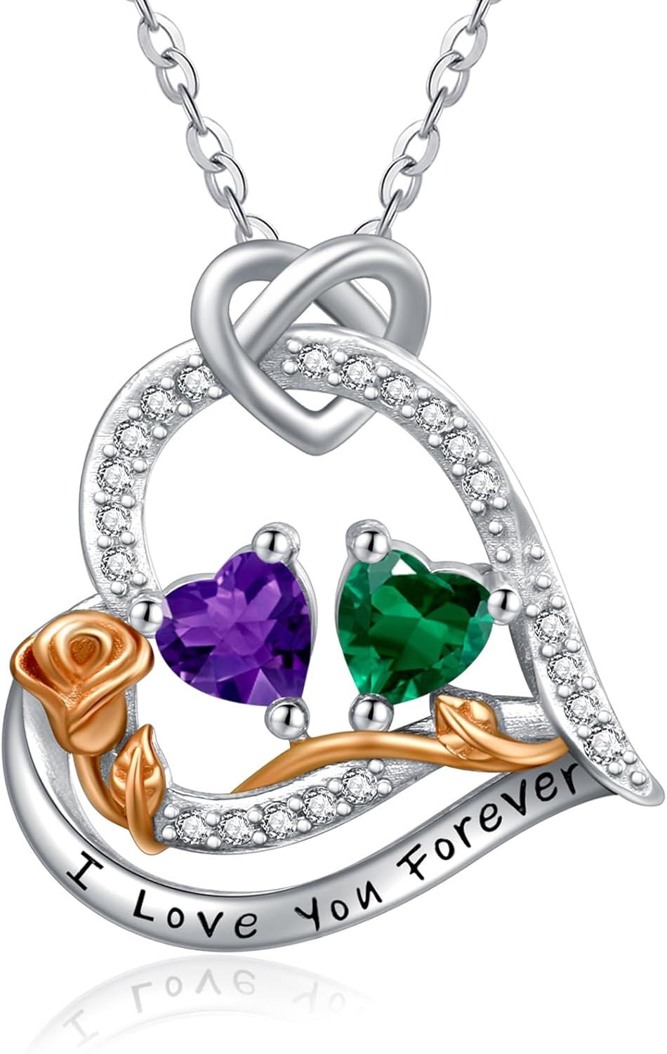  Sterling Silver 2 Birthstones Rose Heart Necklace for Women -02-05-Feb-May