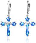 wholesale 925 Sterling Silver Blue Opal Flower Cross Drop Earrings for Women-0-0
