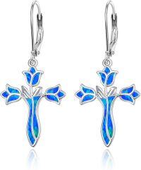 wholesale 925 Sterling Silver Blue Opal Flower Cross Drop Earrings for Women-Blue Opal Cross