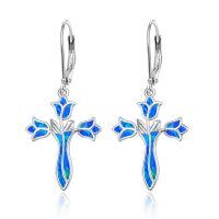 wholesale 925 Sterling Silver Blue Opal Flower Cross Drop Earrings for Women-Blue Opal Cross