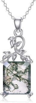 wholesale 925 Sterling Silver Square Green Moss Agate Pendant with Vine Design Chain Length: Adjustable from 46cm to 79cm (18-31 inches)-0-0