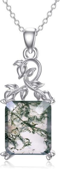 wholesale 925 Sterling Silver Square Green Moss Agate Pendant with Vine Design Chain Length: Adjustable from 46cm to 79cm (18-31 inches)-Branch
