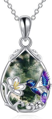 wholesale Sterling Silver Blue Purple Hummingbird Pendant Necklace with Flower Charm-Silver-Hummingbird Necklace with Moss Agate