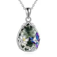 wholesale 925 Sterling Silver Blue Purple Hummingbird Pendant Necklace with Flower Charm-Silver-Hummingbird Necklace with Moss Agate