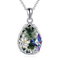 wholesale 925 Sterling Silver Hummingbird Flower Pendant Necklace-Silver-Hummingbird Necklace with Moss Agate