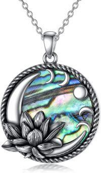 wholesale 925 Sterling Silver Abalone Shell Lotus Necklace with Evil Eye and Moon Design-Lotus Flower Moon Phase