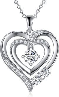 wholesale 14K Gold Plated 925 Sterling Silver Double Heart Moissanite Cubic Zirconia Mother Daughter Pendant Necklace-Silver-Mother 2 Daughter