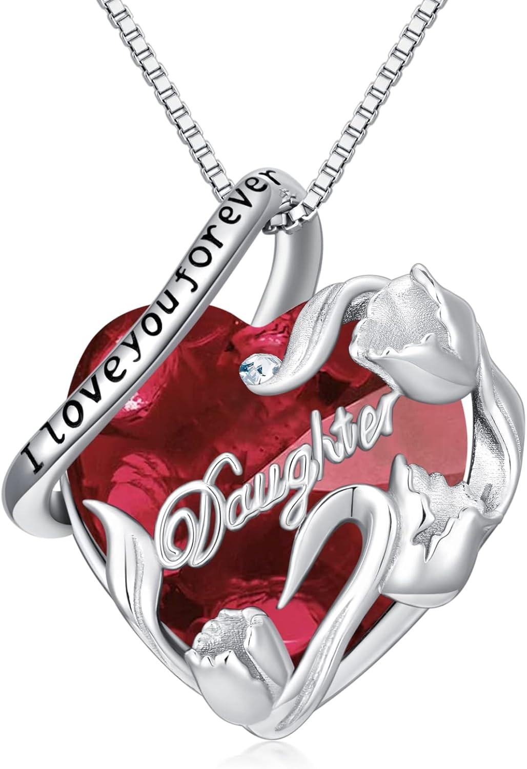 Sterling Silver Sterling Silver Stone Daughter Heart Pendant Necklace from Dad Mom I Love You Forever Jewelry-12-01-January-Red