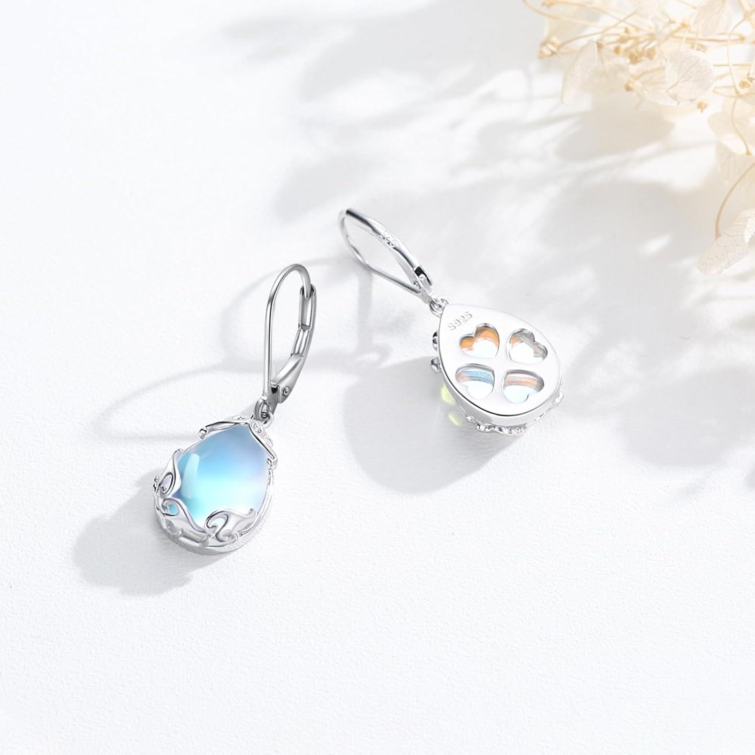 wholesale 925 Sterling Silver Rainbow Moonstone Teardrop Dangle Earring with Filigree Leverback Closure (Hypoallergenic)-0-3