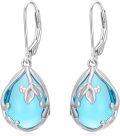 wholesale 18K White Gold Plated 925 Sterling Silver Blue Crystal Leaf Dangle Earrings with Leverback Clasp-0-0