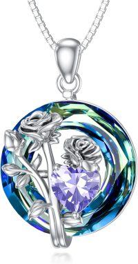 wholesale 925 Sterling Silver Crystal Birth Flower Birthstone Necklace 12 Month Floral Pendant Jewelry Women s Birthday Gift-06-June-Rose