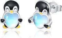 wholesale 925 Sterling Silver Heart Penguin Moonstone Stud Earrings for Girls and Women Gift Ideas-Penguin