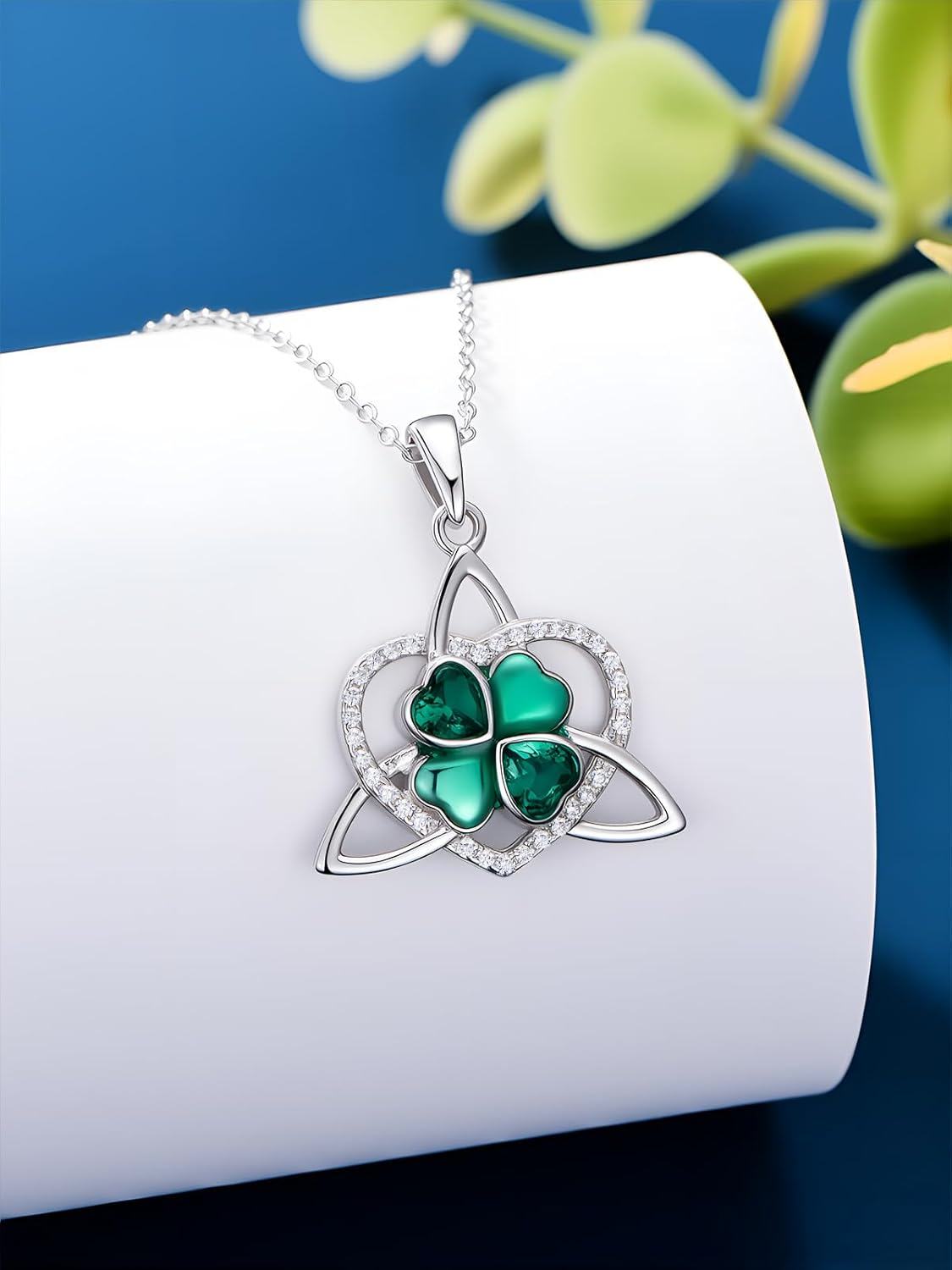 925 Sterling Silver Emerald Green Four-Leaf Clover & Celtic Tree Of Life Pendant Necklace-0-1