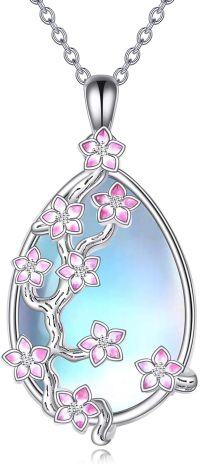 wholesale 925 Sterling Silver Pink Flower Tree of Life Moonstone Teardrop Heart Pendant Necklace for Women-Flower Necklace