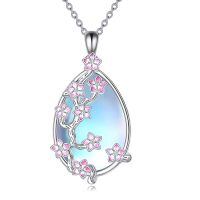 wholesale 925 Sterling Silver Pink Flower Tree of Life Moonstone Teardrop Heart Pendant Necklace for Women-Flower Necklace