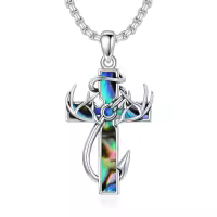 wholesale 925 Sterling Silver Black Enamel Deer Antlers Cross Pendant Necklace with Stainless steel chain for Men -2-09-Abalone Shell