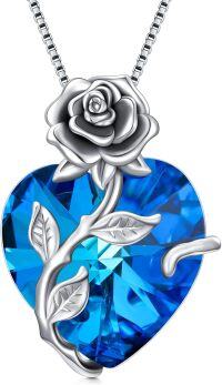 wholesale Sterling Silver Crystal Rose Flower Heart Pendant Necklace-09-Sep - Sapphire