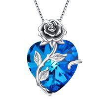 wholesale 925 Sterling Silver Crystal Rose Flower Heart Pendant Necklace-09-Sep - Sapphire