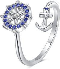 wholesale 925 Sterling Silver White Sapphire Blue Gemstone Adjustable Nautical Anchor Ring-Sapphire