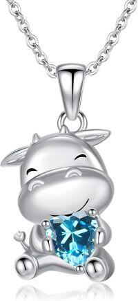 wholesale Sterling Silver 12 Month Birthstones Animals Necklace for Women Daughter (Axolotl Cow Pig Cat) Birthday Christmas Graduation Gift-02-03-Cow-Mar.-02-03-Cow-Mar.