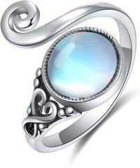wholesale 925 Sterling Silver Evil Eye Skull Semicolon Cross Mushroom Dinosaur Adjustable Open Rings-2-Moonstone