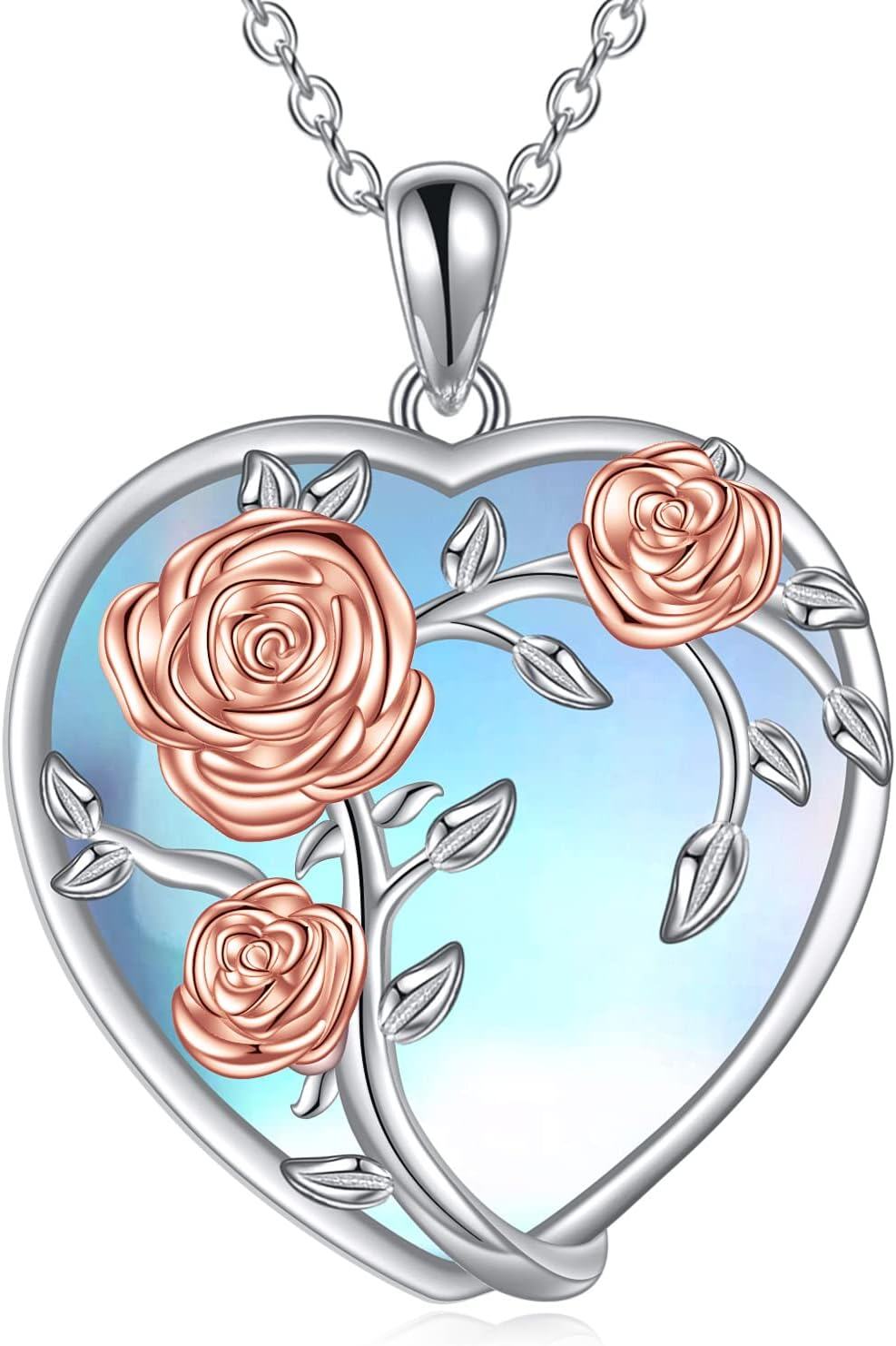  Sterling Silver Moonstone Rose Flower Necklace with Butterfly Pendant Valentine s Gift for Women -0-0