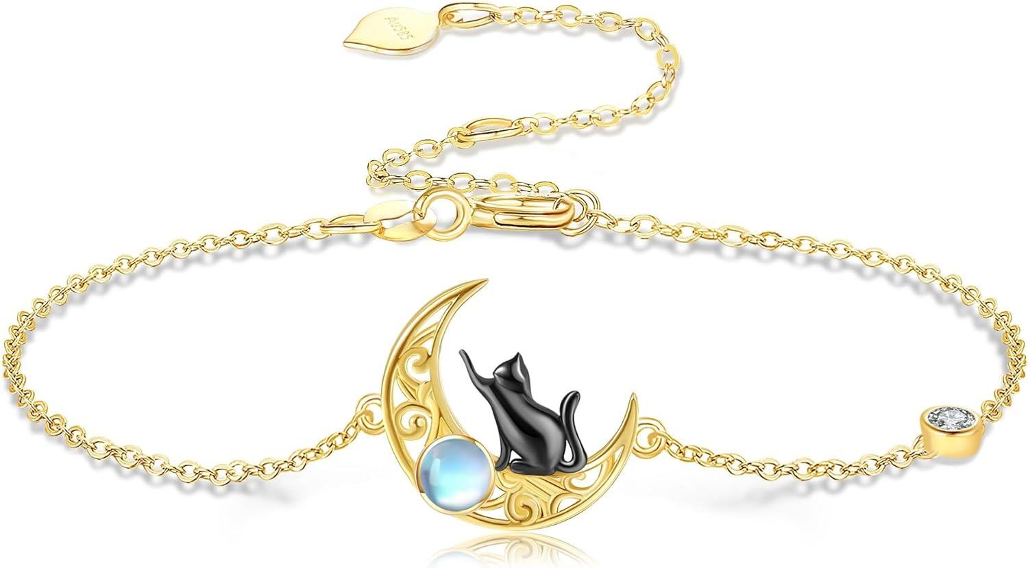 wholesale 14K Gold Moon Cat Charm Rainbow Moonstone Bracelet for Women Girls-0-0