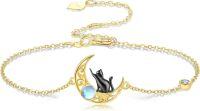 wholesale 14K Gold Moon Cat Charm Rainbow Moonstone Bracelet for Women Girls-Black Cat Bracelet