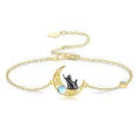 wholesale 14k Moon Cat Bracelet With Sapphire Moonstone And Lab Diamond Charm-Black Cat Bracelet