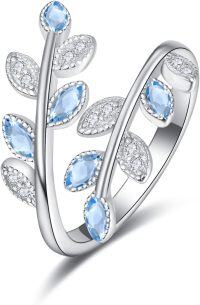 wholesale 925 Sterling Silver Cubic Zirconia Dainty Leaf Rainbow Adjustable Open Ring-blue topaz cubic zirconia ring