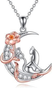 wholesale 925 Sterling Silver Crescent Moon with Flower and Cat Pendant Necklace for Women-Cat Necklace