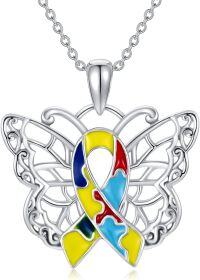 wholesale 925 Sterling Silver Multicolor Ribbon Butterfly Pendant Autism Awareness Necklace-Butterfly