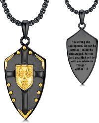 wholesale 925 Sterling Silver Knight's Templar Shield Pendant Necklace w/ Gold Accents & Bible Verse - Joshua 1:9-Full Black Cross