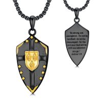 wholesale 925 Sterling Silver Knight's Templar Shield Pendant Necklace w/ Gold Accents & Bible Verse - Joshua 1:9-Full Black Cross