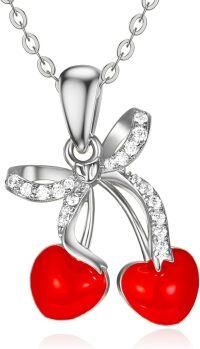 wholesale 925 Sterling Silver Cherry Red Enamel Bow Fruit Charm Pendant Necklace for Women Gifts-Silver