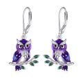 wholesale 925 Sterling Silver Purple Enamel Owl Drop Earrings for Women-0-0