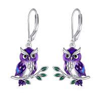 wholesale 925 Sterling Silver Purple Enamel Owl Drop Earrings for Women-Owl Earrings