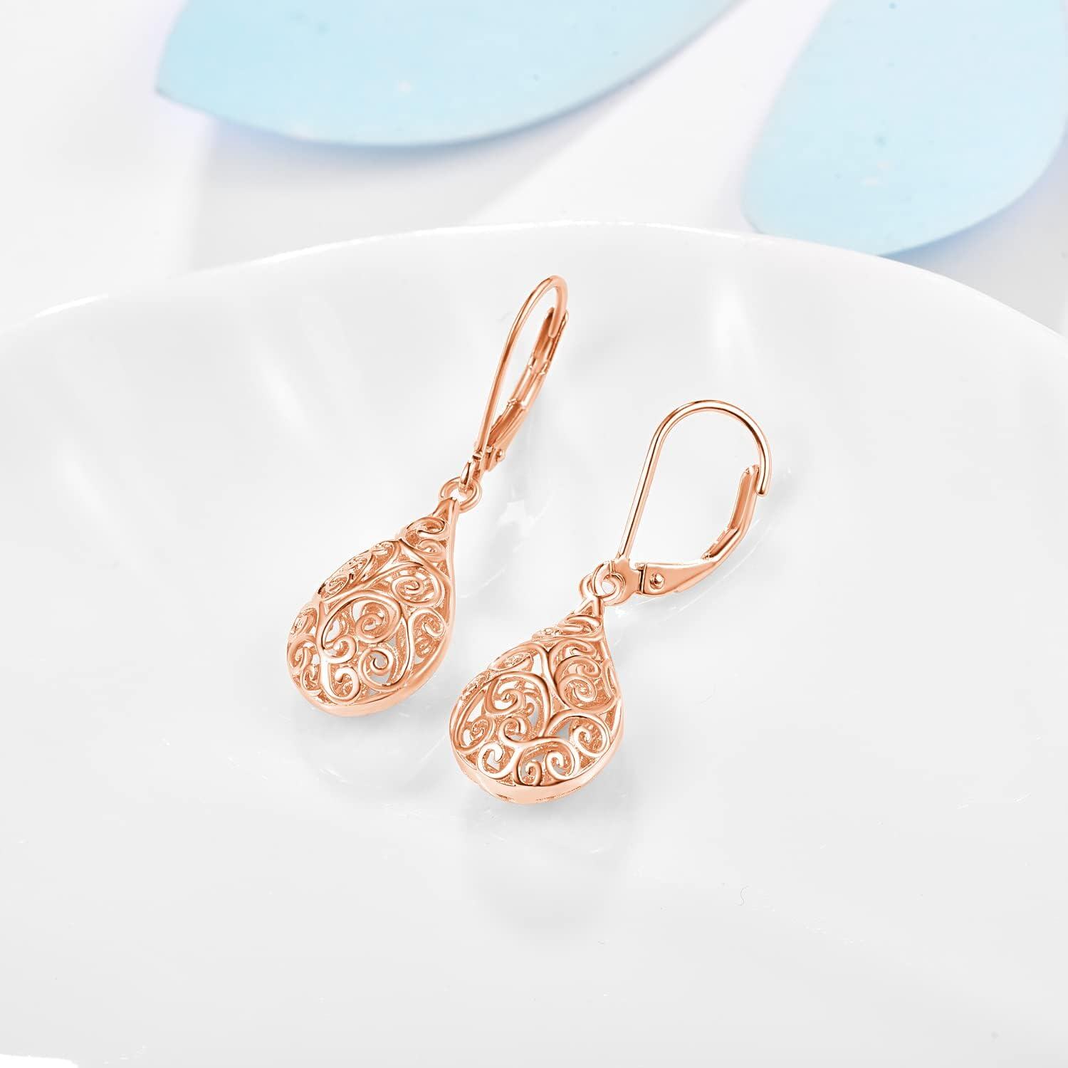 Rose Gold Filigree Teardrop Leverback Drop Earrings-0-4