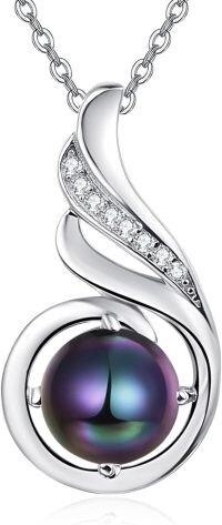 wholesale 925 Sterling Silver Purple Simulated Pearl Pendant Necklace with Cubic Zirconia Accents for Women-Black Pearl & White Gold