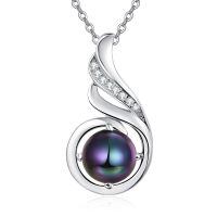 wholesale 925 Sterling Silver Purple Simulated Pearl Pendant Necklace with Cubic Zirconia Accents for Women-Black Pearl & White Gold